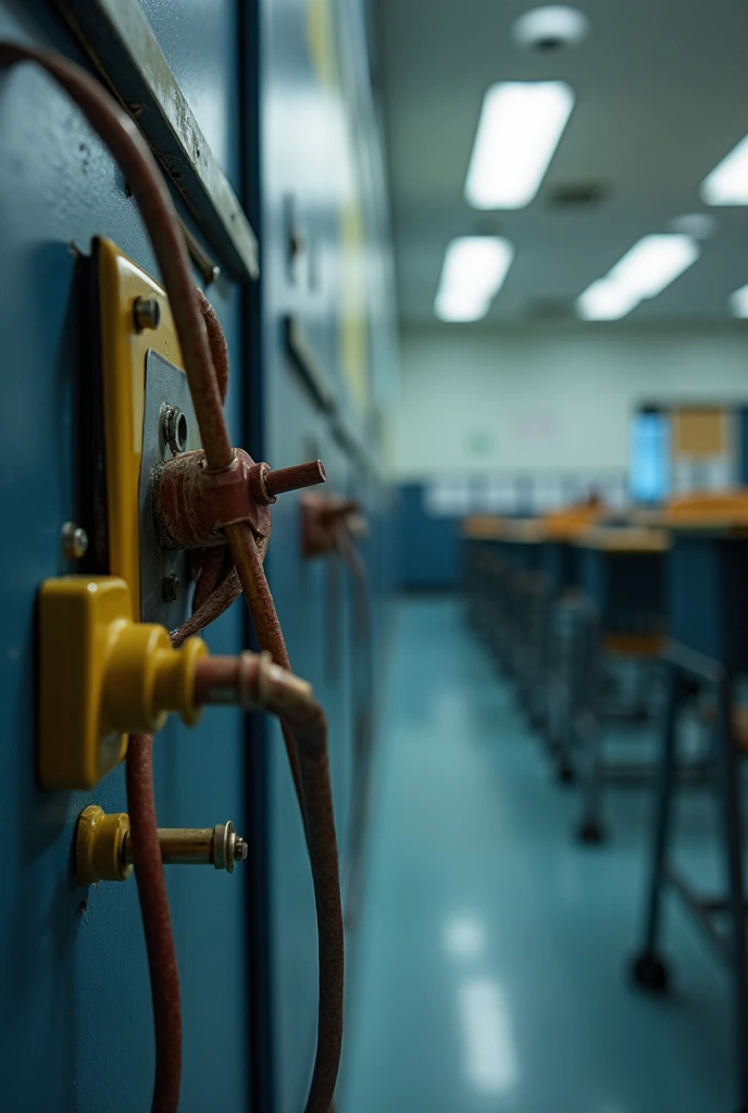 Shows exposed wires with power in the classroom from a lying angle the photo is