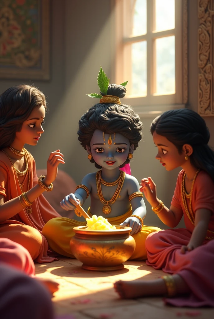 Chori se Makhan khate Hue Krishna bhagwan Apne Ghar Ke Andar Kai matakon ke sath Unka 4D image 