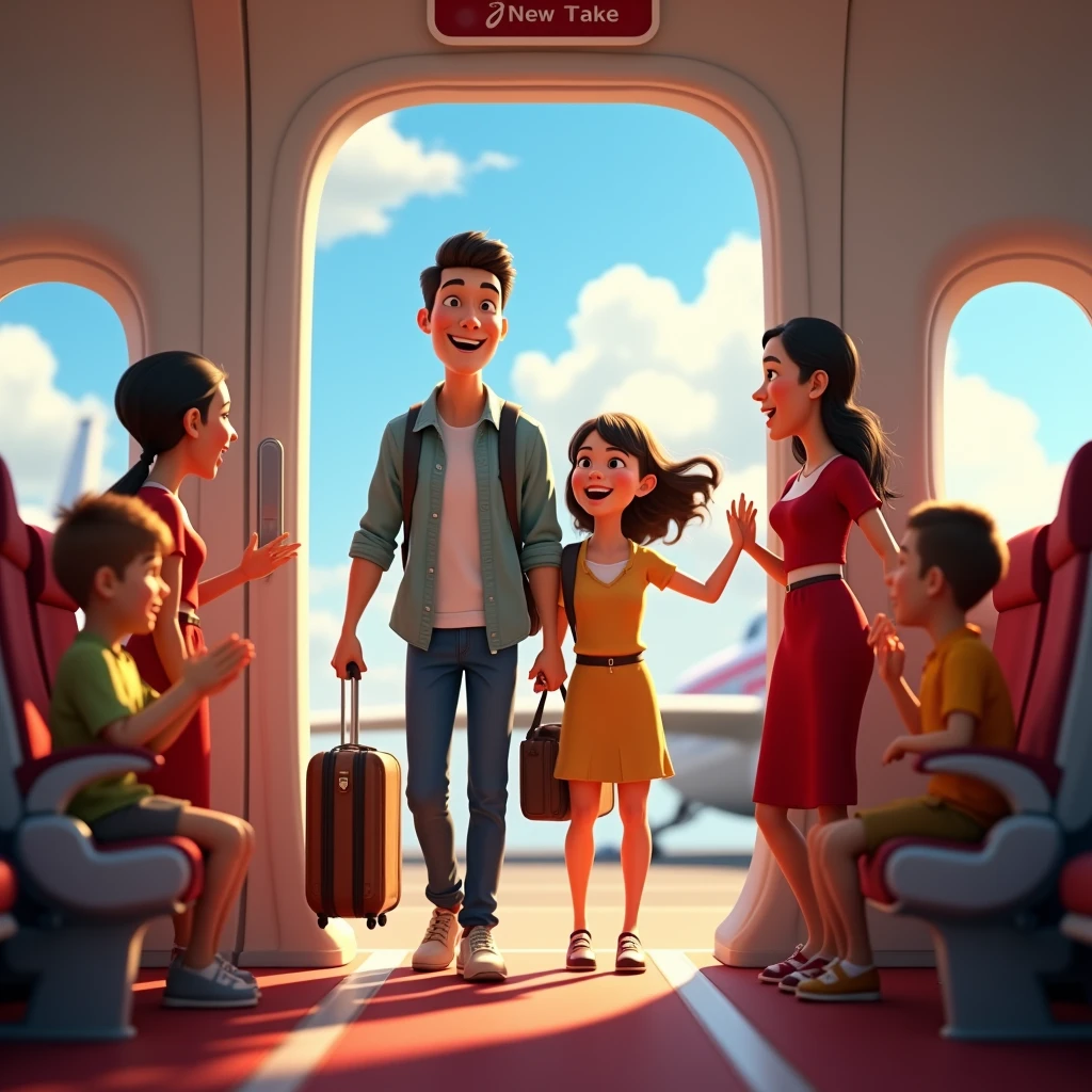 Create a Pixar-style 3D scene of a family boarding an airplane. The family, dressed in casual travel attire, is excitedly entering the plane, with large windows showing glimpses of a clear blue sky and fluffy clouds outside. Inside, depict cheerful flight attendants welcoming passengers and a cozy, colorful cabin. The scene should convey the thrill and anticipation of embarking on a new adventure.