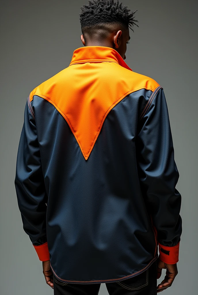 Back of this shirt with an orange collar