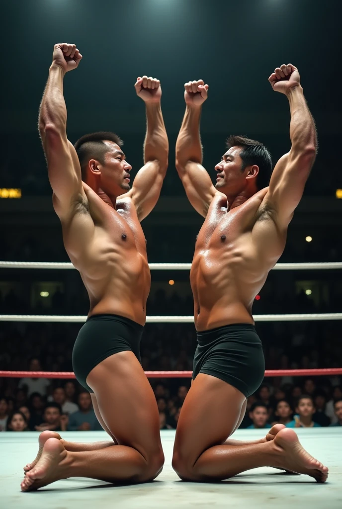 A young Japanese professional wrestler A and a senior Japanese professional wrestler B are in the ring.。They are on the same team。
A is buzzcut and muscular、Wearing short tights。Sweaty。
B is short-haired, muscular, and dark-skinned、Wearing short tights。
A and B place one knee on the ring, raise their arms and assume a front double biceps pose.。
Fujifilm, look up, 