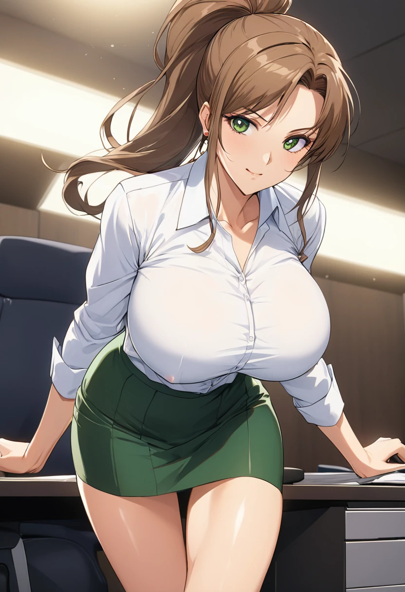 Highest quality, Great quality, 16K, Unbelievably absurd, Very detailed, 2.5D, delicate and dynamic, (Makoto Kino), Small face, Very delicate facial expressions, Delicate eye depiction, Very fine hair, (Female 1 Male 1), erotic, Sexy Woman, Muscular, Office Lady, Height: 175cm, Light brown long hair,ponytail、 Sexy long legs, Glowing Skin, White shirt, Green tight skirt, The background is the office,1990s \(style\),、(Big Breasts)、tall、綺麗なBig Breasts,Cinema Lighting, (完璧なGlowing Skin:0.6),Always high quality CG Unity 8K wallpaper