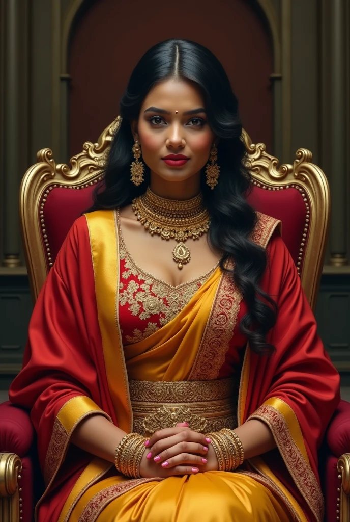 6 ft big breasted average beautiful sri lanakan wealthy age 25 girl in maharani dress. Wearing Academic regalia.well educated.sit in chair with massive big boobs, big butt 