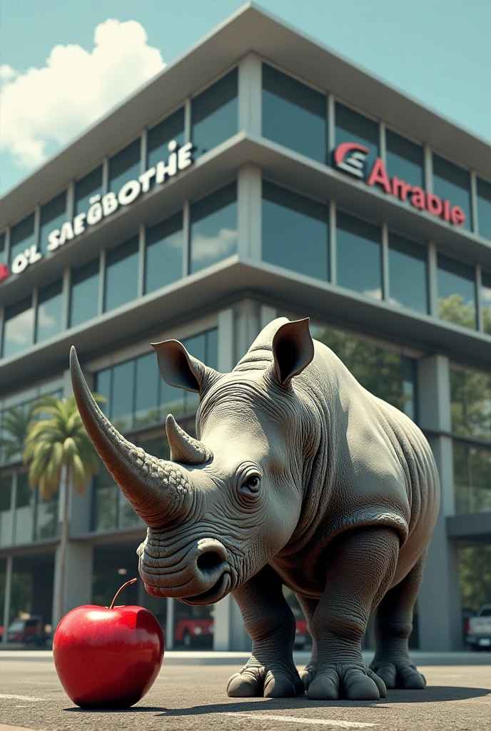 Create an apple-eating rhino under a car-selling building