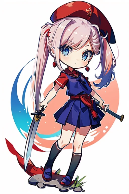 chibi,Wearing school uniform,Holding a sword in each hand,Wearing a red hat,full body,Pure white background,miyamoto musashi, asymmetrical hair, Blue eyes, earrings, hair ornament, pink hair, ponytail, sidelocks,