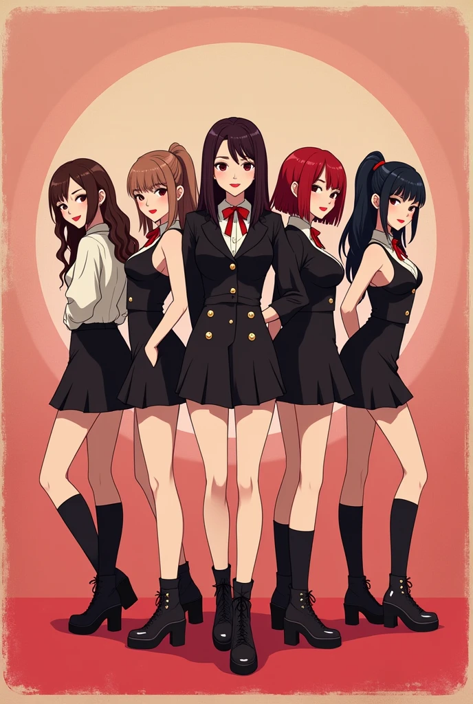 create an animated image,of a kpop group with five members (backwards), one with dark brown hair, another with light brown hair,another one with dark red hair,another one with black hair, and another with black hair tied back. The group is called blackcherry, Its concept is black and red cherries and its representative colors are black and red., The group has a retro concept, soft y girl crush (poster style) las chicas se encuentran backwardss