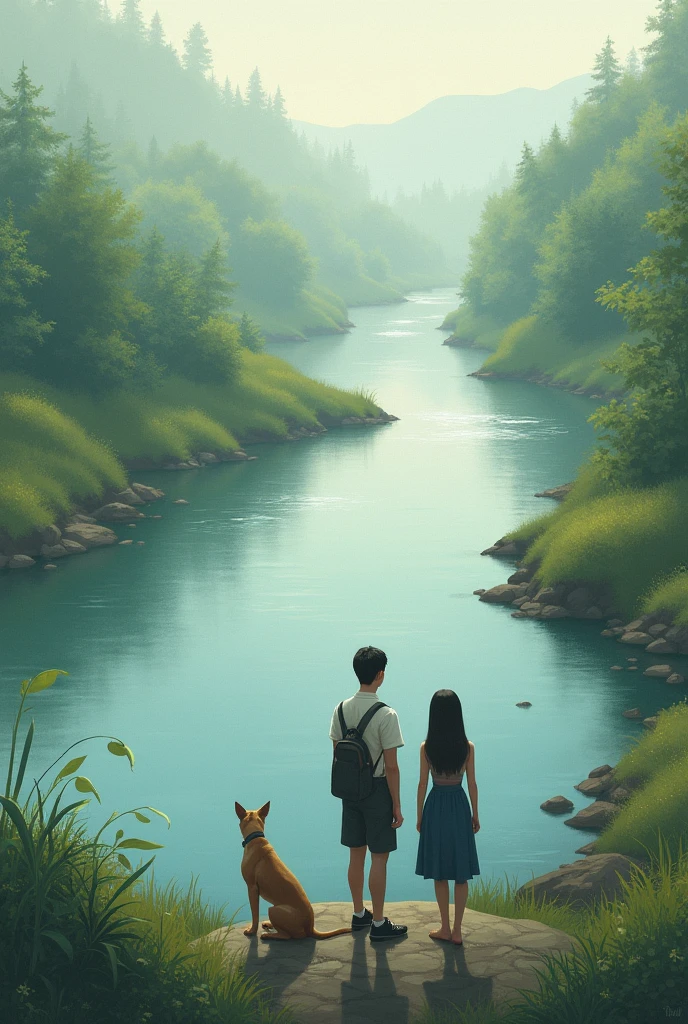 Two people on the left bank of a river and a dog on the right bank