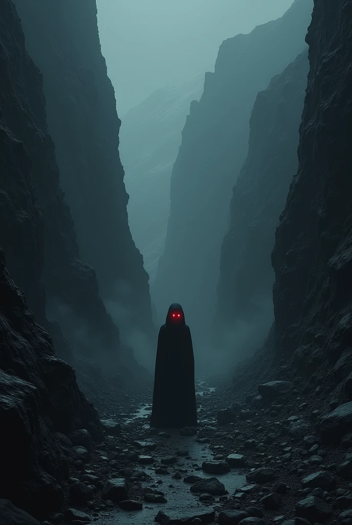 Generates an image of a person with a black mountain pass and a dark background and his eyes shining red