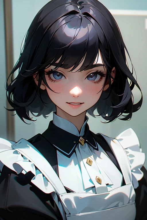 (Highest Resolution, clear_image) Highest quality, single, One woman, alone, masterpiece, Very detailed, Semi-realistic, Black Hairのショートヘア, Black Hair, bangs, 1, mature, Light blue , Indoor Background, kind, Authoritative, Powerful, exquisite features, exquisite features、Eyelashes become longer、Showing teeth、smile😀、Maid clothes、woman&#39;Fingers in the、Sleeping on the sofa、Long Hair、Fluttering in the wind、((Change of clothes)).
