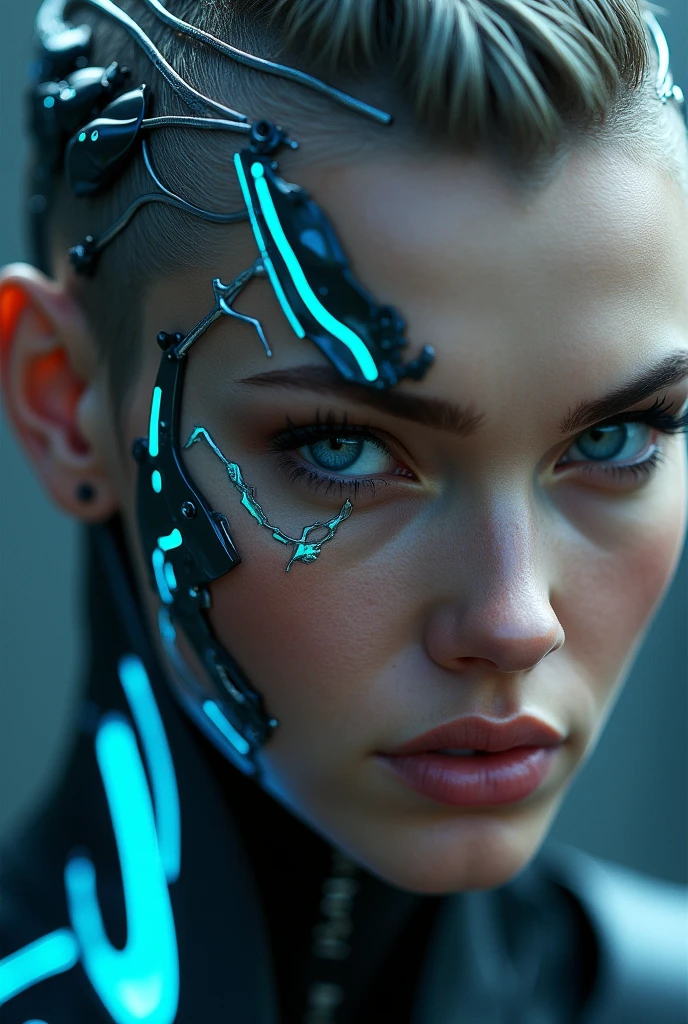 "A close-up of a cybernetic fighter's face, featuring high-tech implants and subtle cracks that glow with a cold, blue light. The eyes are sharp, with a piercing gaze that conveys both intelligence and combat readiness. The hair is short and spiked, with metallic strands interwoven, giving it a futuristic, edgy look. The overall style should be sleek and powerful, with a focus on combining human and machine elements in a way that exudes strength and efficiency."