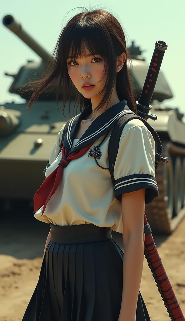 Browsing Caution:-2, Realistic, Beautiful Army, Photorealistic, Highly realistic photos, (Has a chainsaw:1.21), (Hold the chainsaw in front of you:1.21), Anatomically correct5Finger, from side:1.21, Above the knee shot, Close your lips, Cut on the cheek, Portrait of a Japan woman:1.21, School uniforms, Sailor uniforms from famous Tokyo Metropolitan High Schools, Short sleeve clothing, Short-sleeved sailor uniform:1.21, sera fuku:1.21, The upper body is wearing a uniform:1.21, pleated micro skirt, With a Japanese sword on his back;1.21, Brown Hair, Straight Long Hair, Beautiful hair blowing in the wind, Background with tanks, (A tank approaches from behind:1.21), (Patton tank:1.21), Students in the 1970s, Cute Japanese woman's face:1.21, Beautiful Japanese woman face:1.21, Sharp eyebrows:1.37, Anxious face, White skin:1.21, Fine skin, Glowing Skin:1.21, Serene Photos, Retro Photography, Dynamic and cinematic lighting,