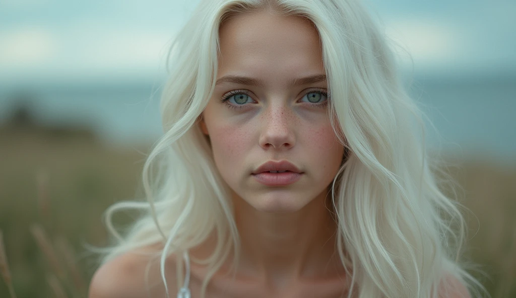 Masterpiece, best quality, hi res, 8k, hi res, 8k, windy weather portrait, full body portrait, beautiful young girl , (:1.8), ((Mackenzie Foy, full body, siting naked:1.8)) , young GIRL, innocent, ((beautiful face)),hope in the eyes, ((long white hair)) , photography taken by sldr, white hair girl , high detailed face, soft light, naked , soft skin, (sensual:1.2), realistic , cute PuertoRican and Slavic ethnic mix, outdoor, full body shot, plump lips, no discoloration under eyes, sexy smile, 