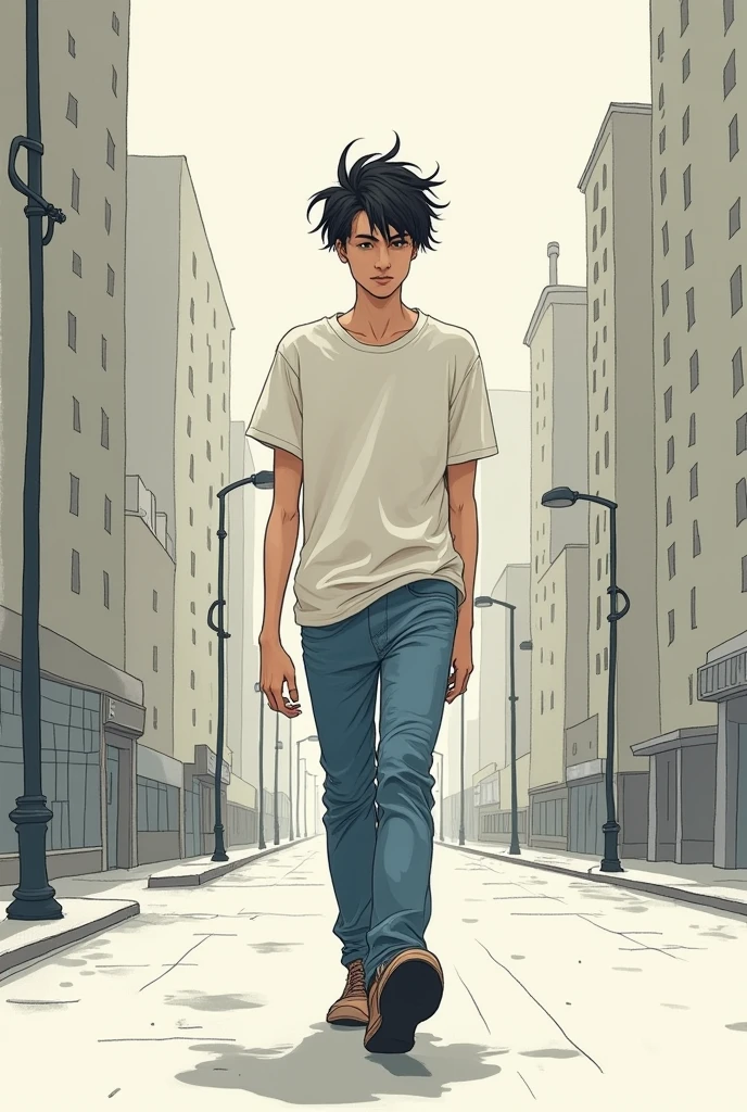 (minimalistic drawing)(dark little color)(young skinny messy hair )(Whiteshirt)(blue pants)the young man walks down the street