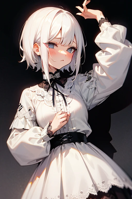 Slim build girl, dead black eyes and serious expression adorable with short white hair and bangs and a rose decoration in her hair. Pale doll-like skin and exposed black clothing along with a sweatshirt and large medium-sized breasts in a half-front pose