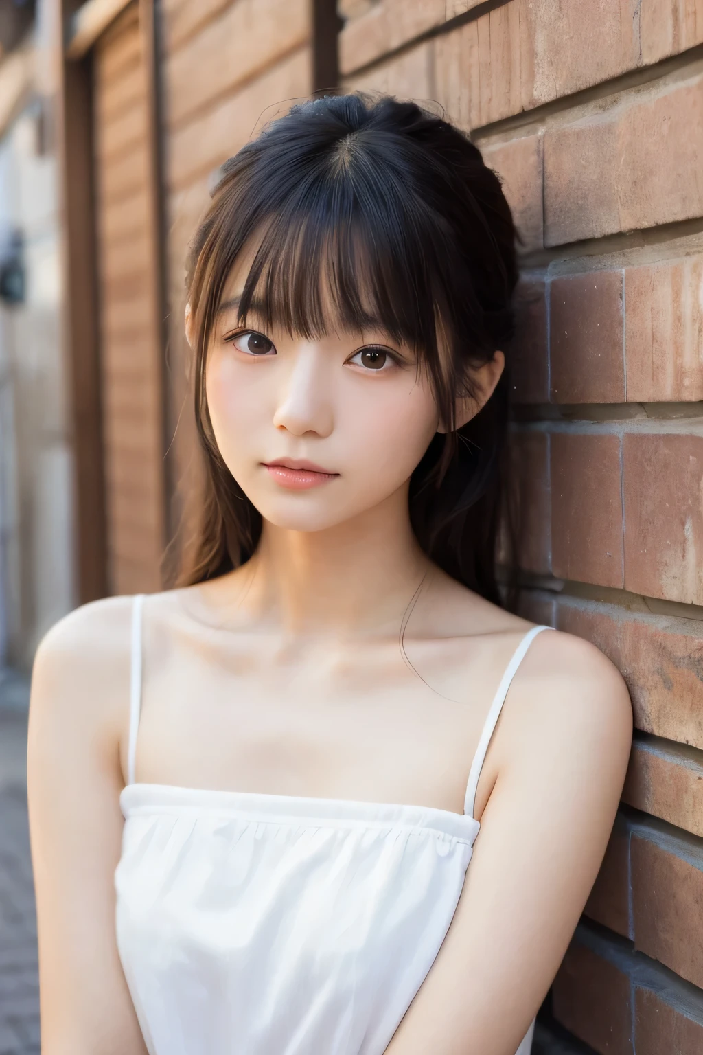 Japanese woman, 20s, model, wearing white clothes, bare shoulders, arms around neck, looking at camera