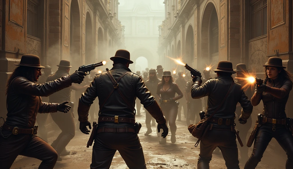 a corridor flanked by people trying to break into the place, they are wearing steampunk clothes, the place is full of shots in the air along with a lot of dust