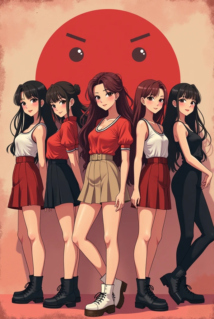 create an animated image,of a kpop group with five members (backwards), one with dark brown hair, another with light brown hair,another one with dark red hair,another one with black hair, and another with black hair tied back. The group is called blackcherry, Its concept is black and red cherries and its representative colors are black and red., The group has a retro concept, soft y girl crush (poster style) las chicas se encuentran backwardss 