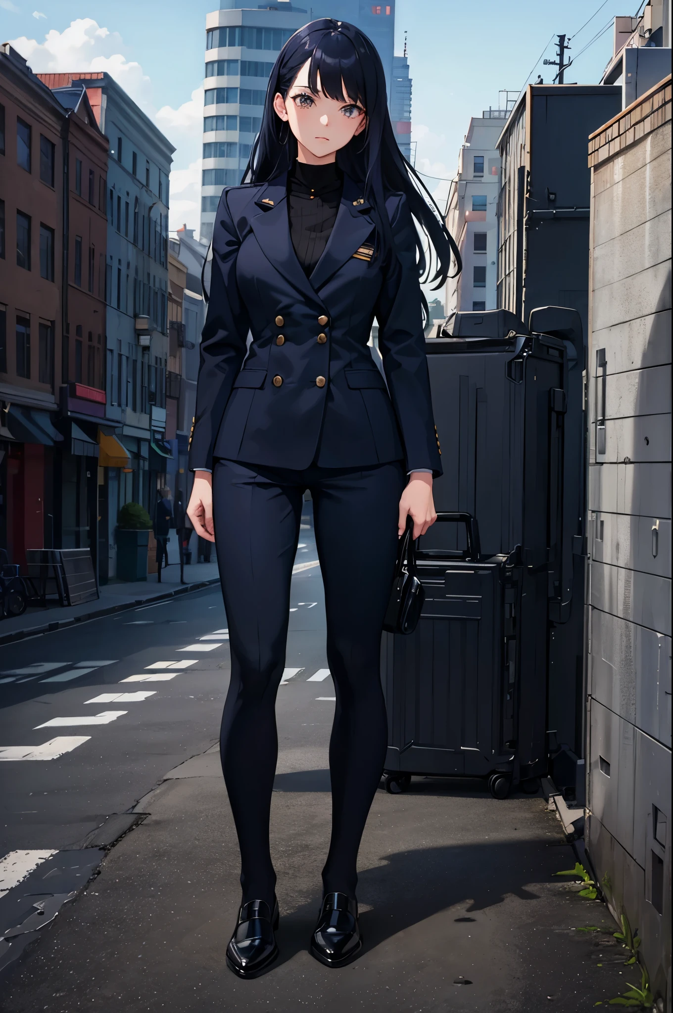 1woman, navy hair, navy eyes, suit, standing on ground, high res, ultra sharp, 8K, masterpiece