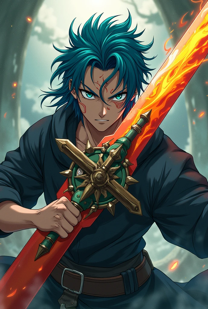 A character from Demon Slayer Who has a scar on his forehead and is blind. His sword is half red and half black. He breathes the sun, his eyes are green, his hair is blue.