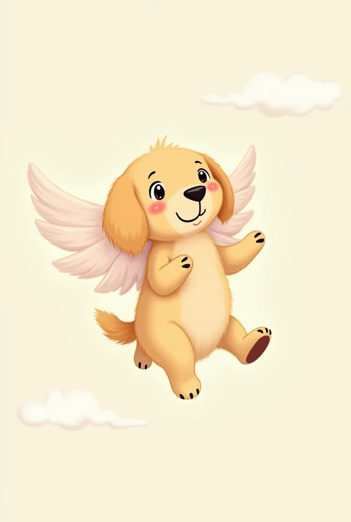 Simple thin line drawing Cute illustration Hand-drawn cartoon style Animal characters(Golden Retriever) Gentle expression, curious expression, pastel colors, limited color usage、Simple background Character is placed in the center The dog has wings Flying into the sky For children Gentle Peaceful