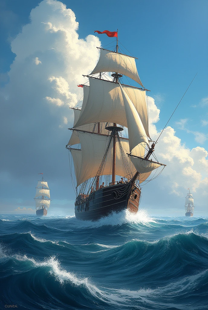 a sailing ship in the middle of the sea with a brave captain who braved the waves and ran away from enemy ships ; format landscape picture