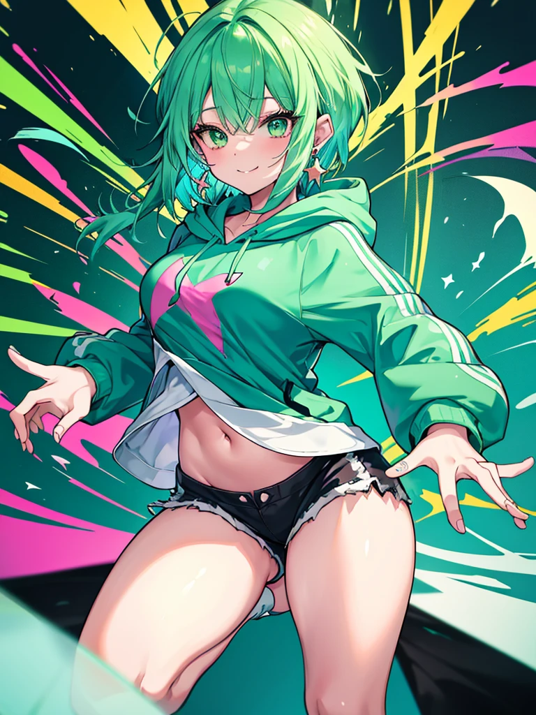 anime, 8k, One person, Blue and green hair,Colorful hoodies,Colorful sneakers,Colorful shorts,Star-shaped earrings on both ears,Green heart eyes,Shortcuts,cute,Break dancing,dancing,smile