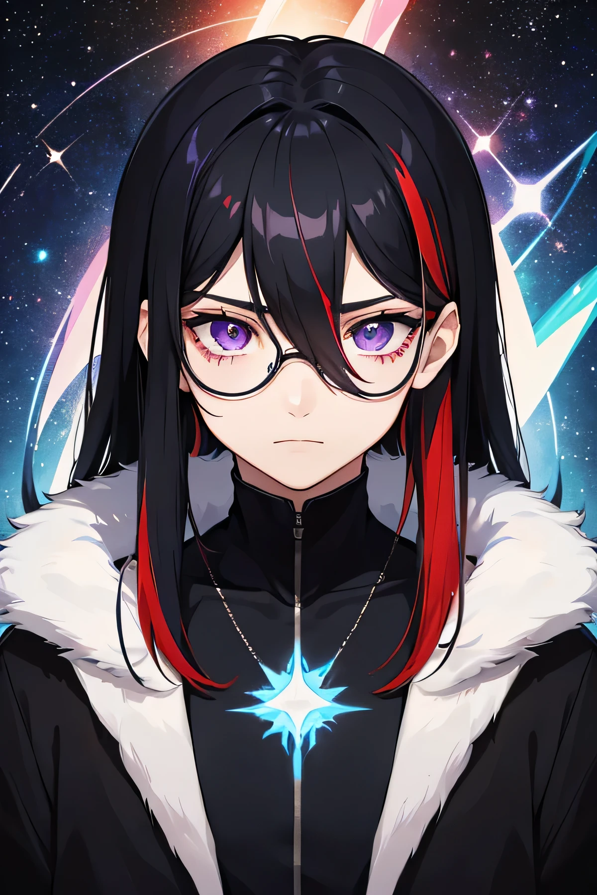 **Alexis is a man,He is short and has medium-long black hair with a blue and red streak.,His right eye was like space but purple and the left one was light blue., and he has black glasses,His skin is pale and fragile. He is of Peruvian nationality.**
