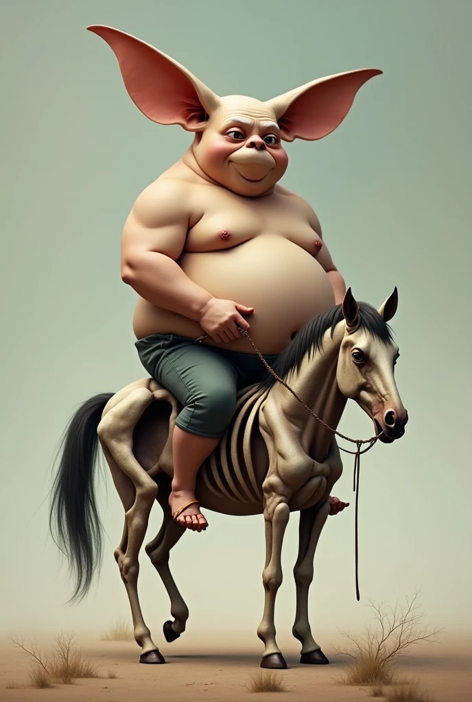Create the image of a fat person, with giant ears, of almost white brown skin tone, riding a malnourished horse