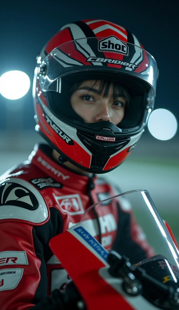 (very beautiful Japanese cute idol boy looks like a girl), professional motorcycle racer, about to Ride on a racing motorcycle, at circuit at night, dramatic scene, masterpiece, (cowboy shot:1.3), clear helmet visor, beautiful eyes, Honda CBR1000RR, Shoei helmet, (wearing motorcycle racer's outfits)
