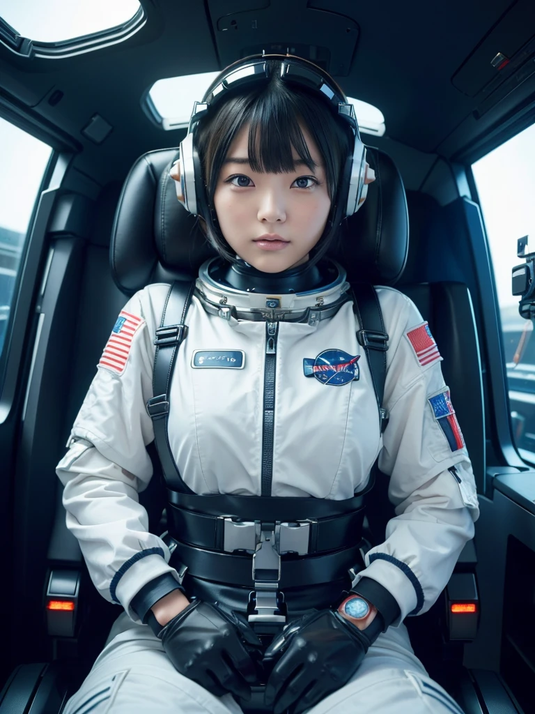 masterpiece, Highest quality, Very detailed, Japanese Android girl, Beautiful 2 Japanese woman, Plump,Control panel,Android,cyborg,Blunt bangs,Sitting in the cockpit of a spaceship and piloting it,The control stick is in the center of the seat.,astronaut,Restrained to the seat by a thick harness,Full-face helmet,
