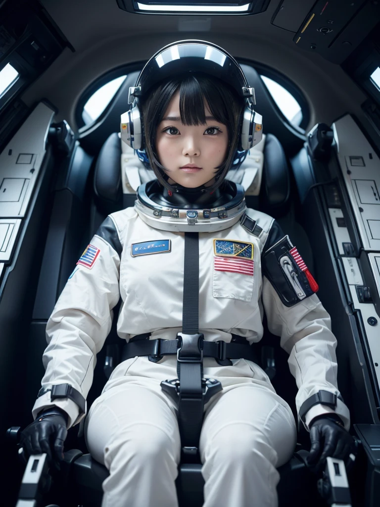 A girl in a spacesuit staring at space in the cockpit of a spaceship. However, in her hand is a fluffy space stuffed animal, which stands out for its cuteness.