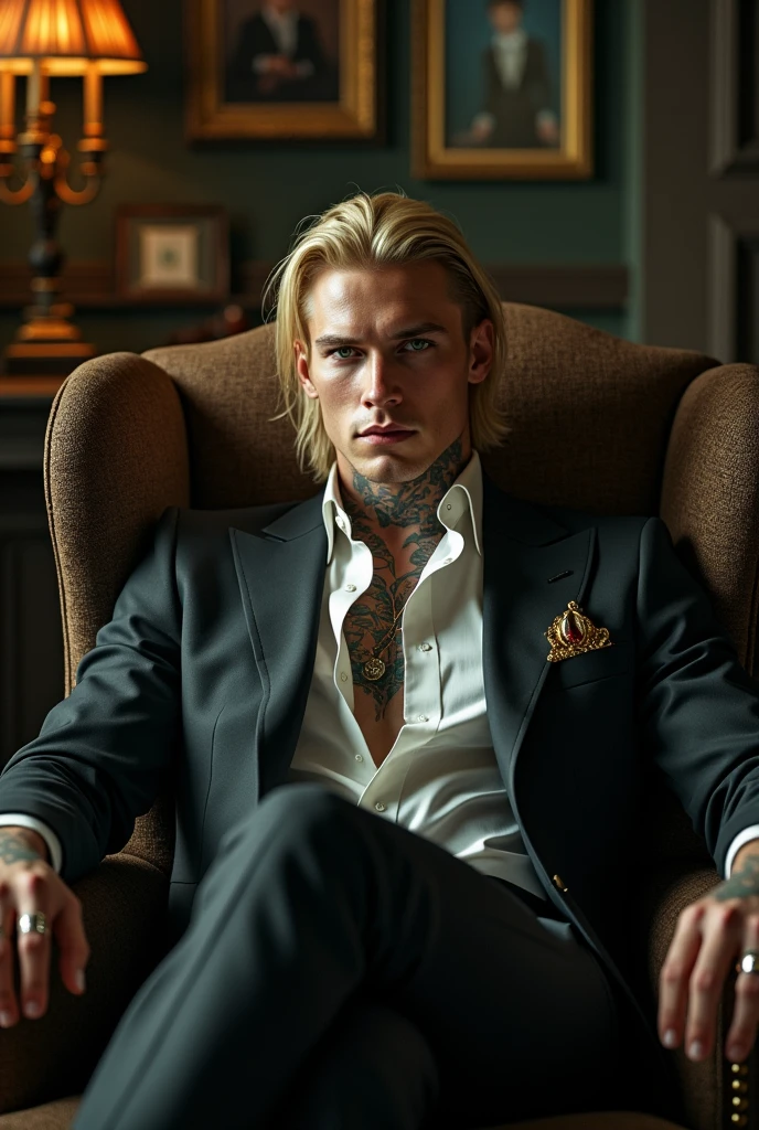 A handsome young mafia man with white skin, tall, blond hair, green eyes, a hot, sexy, toned body with tattoos and piercings, sitting in an armchair