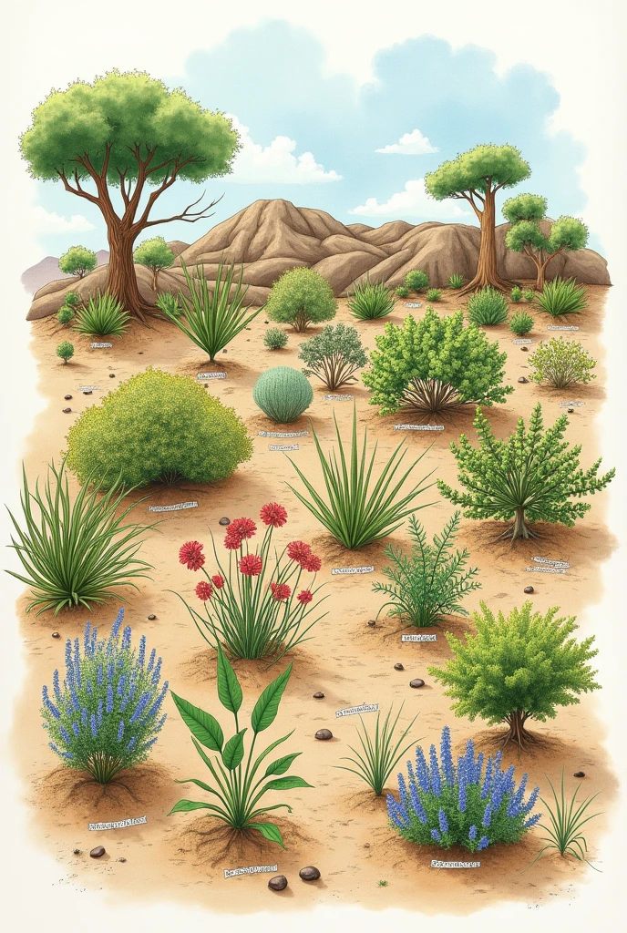 Hand-drawn illustration of an agroforestry system for a dry area, with the name of each plant 