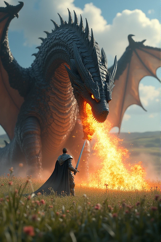 Black dragon breathing fire fighting with knight on meadow