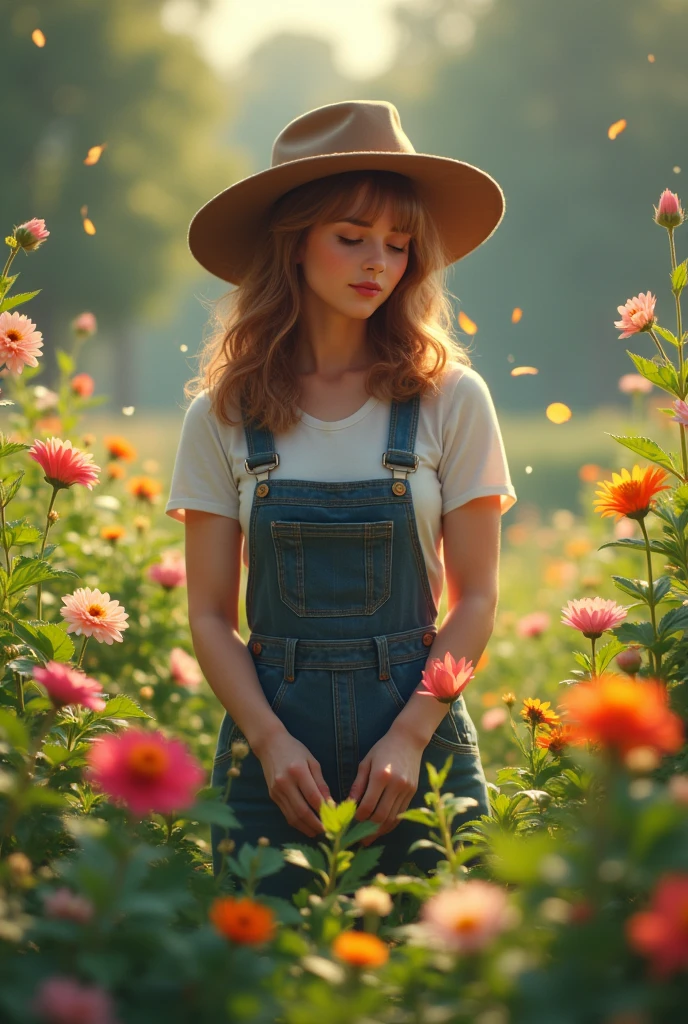 Portray the young woman tending to her garden in the countryside. She is wearing practical 1980s gardening clothes like overalls and a gardening hat. Show her in a serene setting with long shadows from the trees and flowers, emphasizing her connection with nature. Use soft, natural light to highlight her figure amidst the vibrant garden.
