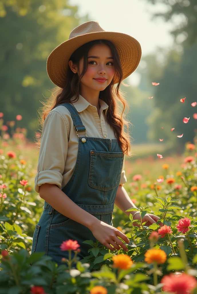 Portray the young woman tending to her garden in the countryside. She is wearing practical 1980s gardening clothes like overalls and a gardening hat. Show her in a serene setting with long shadows from the trees and flowers, emphasizing her connection with nature. Use soft, natural light to highlight her figure amidst the vibrant garden.