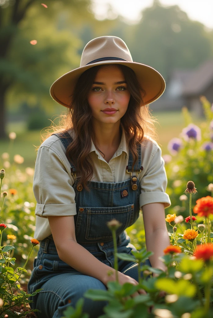 Portray the young woman tending to her garden in the countryside. She is wearing practical 1980s gardening clothes like overalls and a gardening hat. Show her in a serene setting with long shadows from the trees and flowers, emphasizing her connection with nature. Use soft, natural light to highlight her figure amidst the vibrant garden.