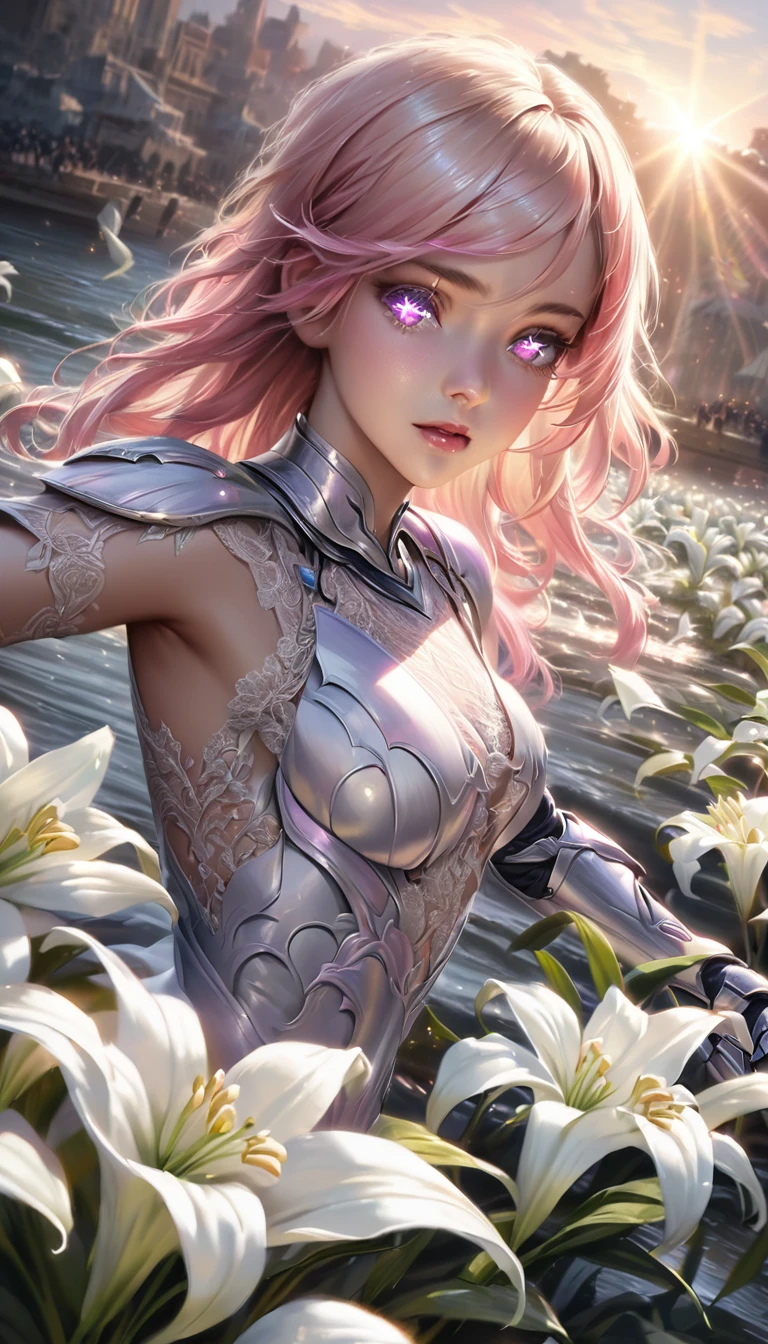 Thunder,Final Fantasy,Pink Blonde,Medium Hair,Lightly permed hair,Curly hair on one side,Let your bangs down,Beautiful Blue Eyes,Beautiful and tall nose,Ultra HD,super high quality,masterpiece,Digital SLR,Photorealistic,Detailed details,Vivid details,Depicted in detail,A detailed face,Detailed details,Super Detail,Realistic skin texture,Anatomical basis,Perfect Anatomy,Anatomically correct hand,Anatomically correct fingers,Complex 3D rendering,Sexy pose,,Beautiful morning glory(flower),Rainy Sky,Beautiful scenery,Fantastic rainy sky,Picturesque,Pink Lips,smile,Fantastic butterflies々,