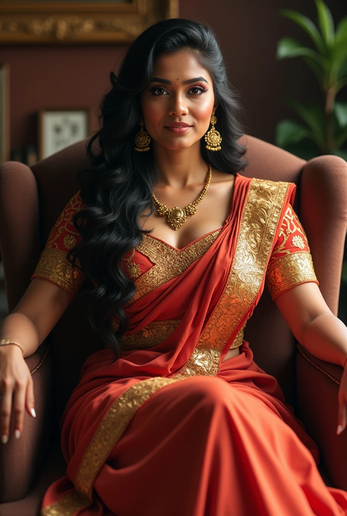 6 ft big breasted average beautiful sri lanakan wealthy age 25 girl in maharani dress. Wearing Academic regalia.well educated.sit in chair with massive big boobs, big butt,big boobs