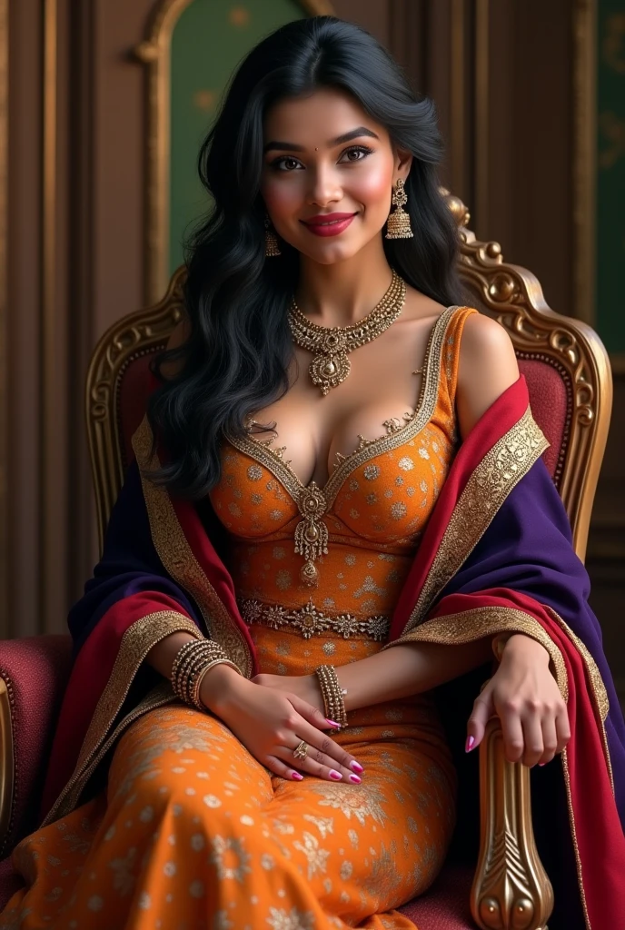 6 ft big breasted average beautiful sri lanakan wealthy age 25 girl in maharani dress. Wearing Academic regalia.well educated.sit in chair with massive big boobs, big butt,big boobs 