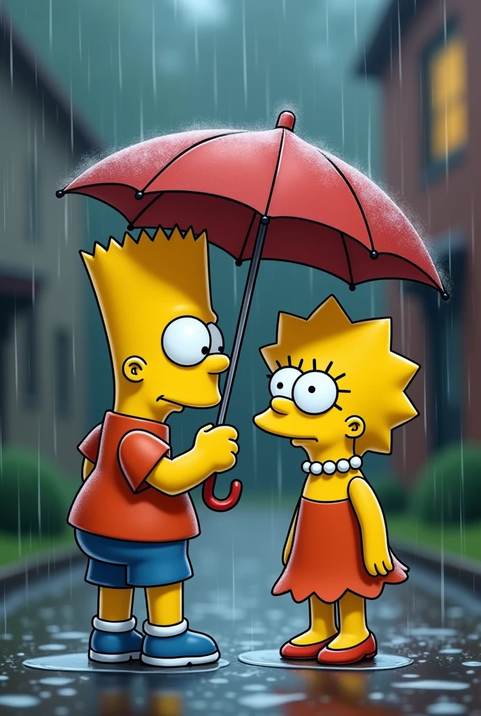 Brothers Bart and Lisa Simpson in a cute moment. Bart is angry. Bart Avoids Looking at Lisa. Bart holds the umbrella with just one hand. Bart's hand holding the umbrella is stretched out towards Lisa.. The umbrella is small. The umbrella is only over Lisa's head. Bart gets rain on his body. Bart is facing away from Lisa. Lisa is the only one under the Umbrella. Lisa is protected from the rain.