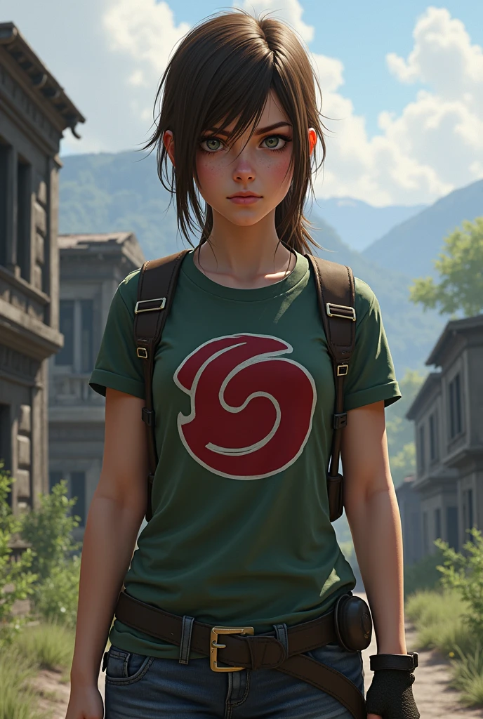 Ellie Willians de The last of us com a camisa do Naruto.