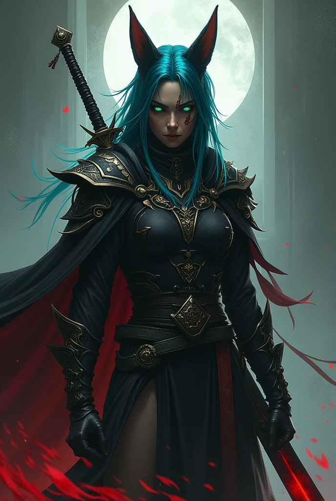 A character from Demon Slayer Who has a scar on his forehead, is blind, has a half-red, half-black sword, breathes the sun, has green eyes, and blue hair, and wears a fox mask.