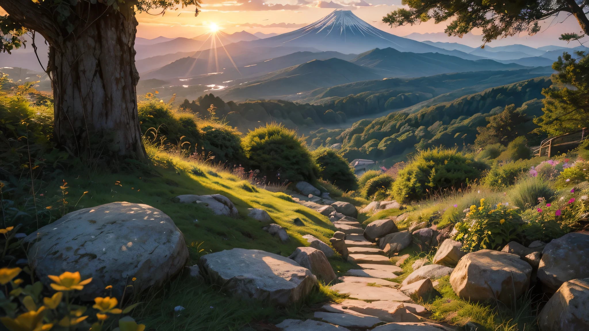 fairytale view with a futuristic fantasy decorated white modern home in a japanese garden, dramatic mountain range, rocks plants flowers shrubs bushes trees moss lawns grass mushrooms fireflies,colourful sunset and strong sunbeams,very hazy,extreme details,photorealistic,4k,HD,beautiful,nature, dreamy, low shot,ground level photo, good luminosity, high ambience