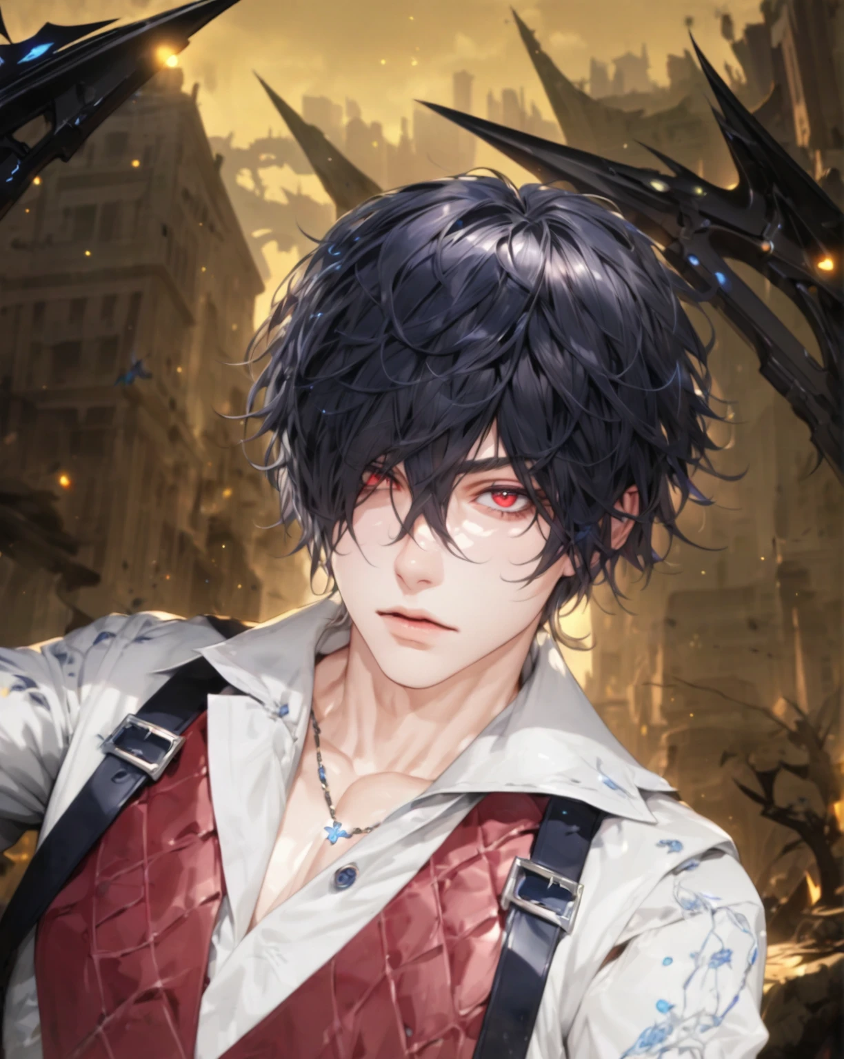 absurdres, highres, ultra detailed, HDR, master piece, best quality, extremely detailed, detailed face, Louis, black hair, messy hair, hair over the right eye, expressive red eyes, Code Vein, solo, sexy man, handsome, manly man, adult face, magical, fantasy, city, ruins, under a blue tree, holding a white cross gun, blue lightning, blue flames, blue moon, blue fireflies, blue roses, blue butterflies, glass magic