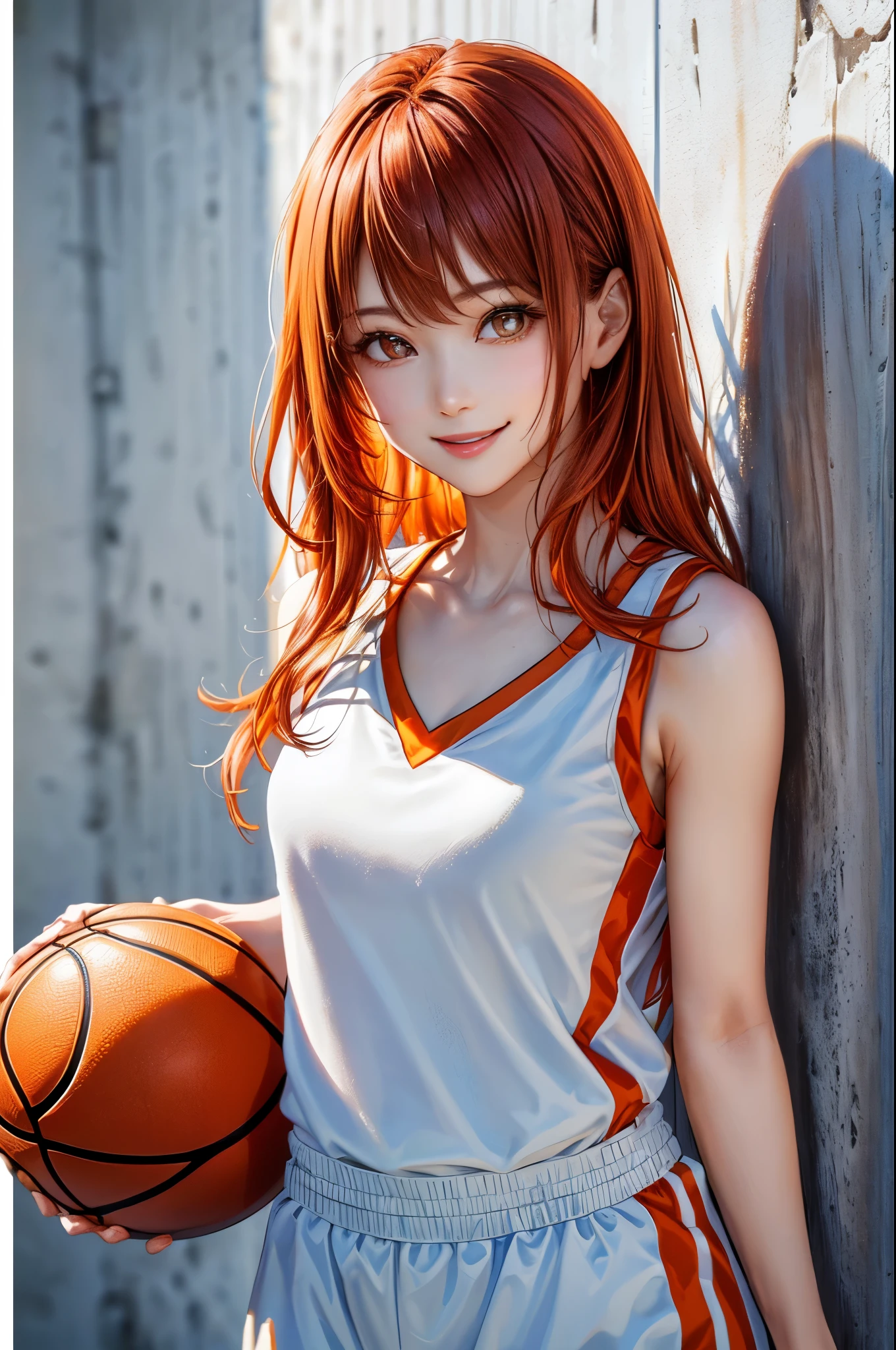 (((Pure white wall background、Highest quality、8k、32K、masterpiece)))、(Realistic)、(Realistic:1.2)、(High resolution)、Very detailed、Very beautiful face and eyes、1 person、Round and small face、Tight waist、Delicate body、(close、Highest quality、Attention to detail、Rich skin detail)、(Highest quality、8k、Oil paints:1.2)、Very detailed、(Realistic、Realistic:1.37)、Bright colors、(((Orange Hair)))、(((Vermilion hair)))、(((Cowboy Shot)))、(((Long Hair)))、(((The ends of the hair are tied)))、(((Pure white wall background)))、(((Wearing a basketball uniform)))、(((Orange and white basketball outfit)))、(((smile)))、(((1 female)))、(((Tank top style uniform)))、
