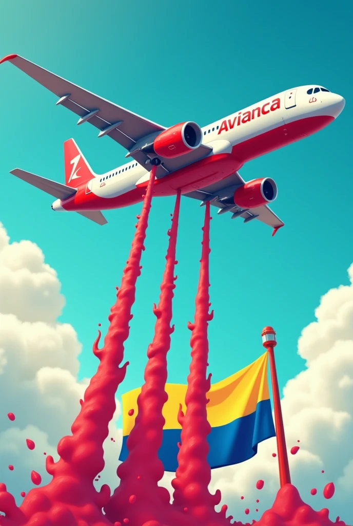 Cartoon of a white AVIANCA plane with red in the air while it sprays gasoline in jets and those jets fall on the Colombian flag