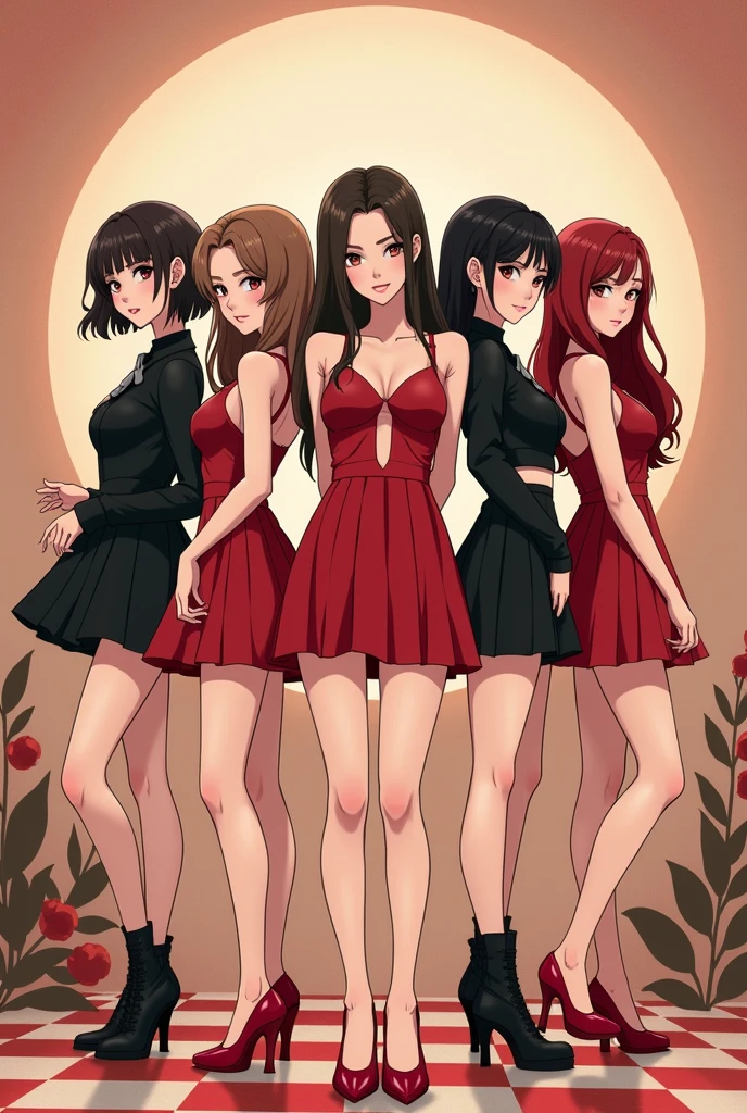 create an animated image,of a kpop group with five members (backwards), one with dark brown hair, another with light brown hair,another one with dark red hair,another one with black hair, and another with black hair tied back. The group is called blackcherry, Its concept is black and red cherries and its representative colors are black and red., The group has a retro concept, soft y girl crush (poster style) las chicas se encuentran backwardss