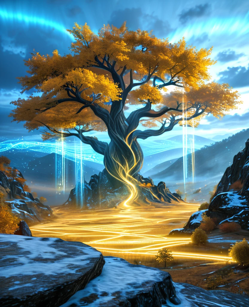 Surreal, fantasy-style digital artwork featuring a mystical landscape. The layout centers on a large, ancient tree with gnarled branches and golden leaves, standing atop a rocky hill. Beside the tree is a spectral figure shrouded in a flowing, ethereal cloak, emitting a radiant blue aura. The background is filled with swirling clouds and a vibrant, otherworldly sky, illuminated by a bright, glowing light source. The scene is enveloped in a misty, dreamlike atmosphere, with small, glowing particles scattered throughout the air, enhancing the magical ambiance.UHD, 4K, super detail, anatomically correct, highres