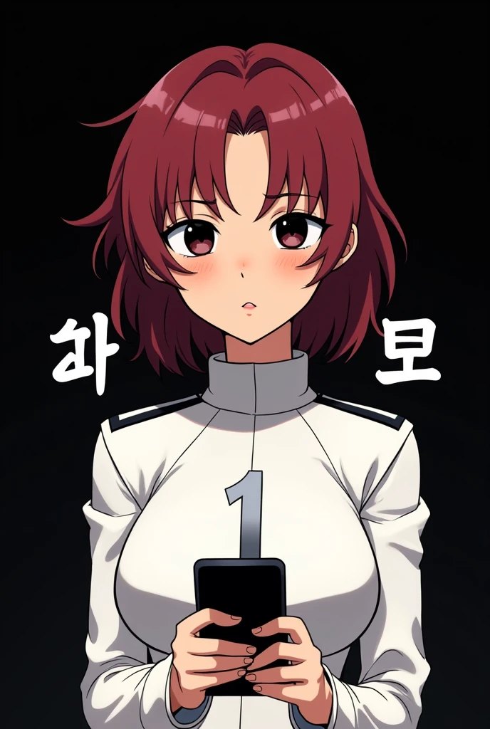 The character in the image has a distinct, stylized appearance typical of anime art. Here is a detailed description: - **Facial Features**: The character has a chiseled, angular jawline. The eyes are very large and wide, a common style in anime illustrations, giving the character an intense or frightening look. The eyes are almost entirely black, suggesting a stylistic choice for dramatic effect or a supernatural theme. The eyebrows are thin and slightly arched, increasing the character's serious or focused expression. - **Hair**: The character has vibrant, rich burgundy hair that falls in loose waves down to her shoulders. The deep crimson tone complements her warm, olive skin and adds captivating contrast to her bright, expressive dark eyes. - **Skin Tone**: The character's skin tone is warm, olive skin - **Clothes**: When dressed in the white uniform, the bright red of his hair serves as a striking pop against the monochromatic backdrop, while the silver numeral 1 emblazoned across his chest subtly highlights his status as the starting member of the team and in character expression. - **Background and Expression**: The background is completely black, which intensifies the character's pale complexion and dark features. The expression is neutral, with lips parted, giving a feeling of calm or contemplation. The character is holding a black object, likely a smartphone or similar device, suggesting he may be reading or watching something intently. - **Text Overlay**: There is white text in a stylized font on top of the image, which could be Korean characters, adding to the context that it could be from a Korean webtoon or comic. The overall art style is minimalist, but effective in creating a mysterious and engaging visual impression characteristic of many webtoon comics. Do it anime style